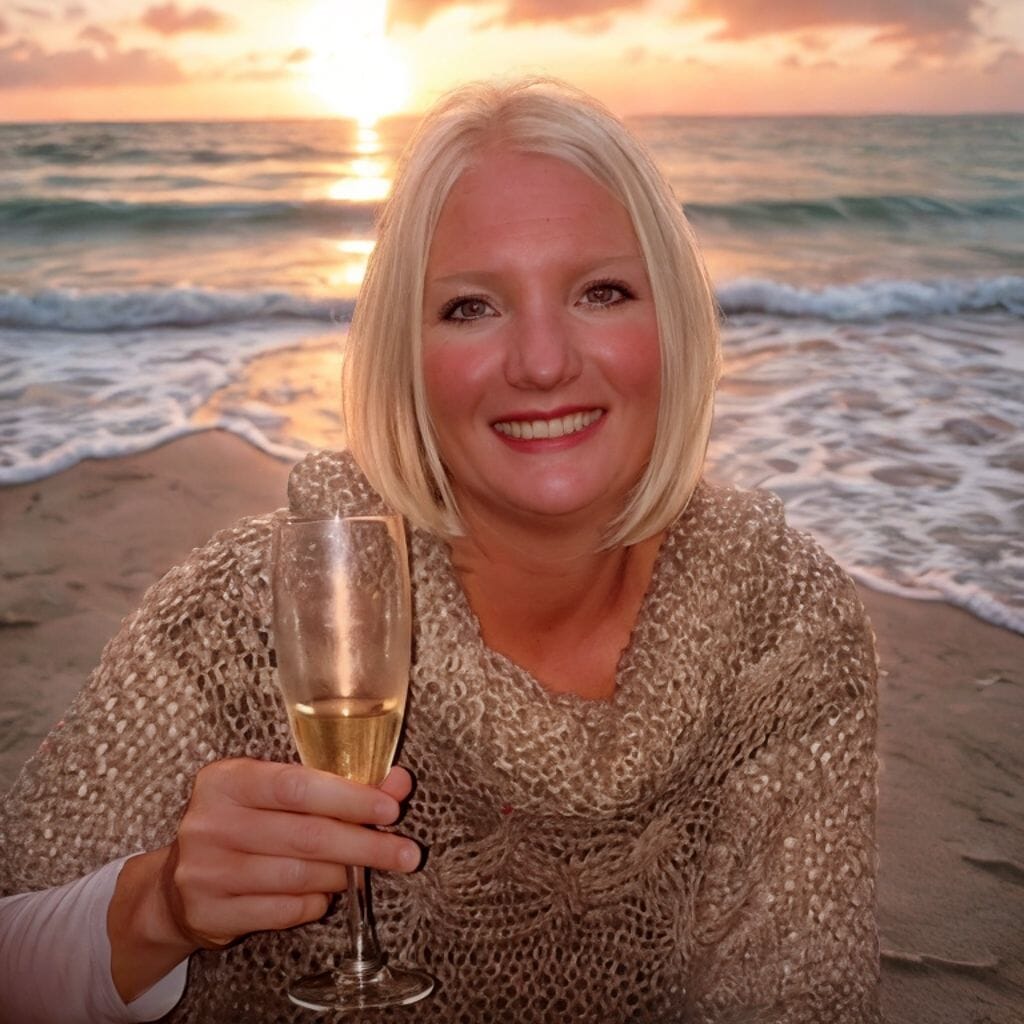 Siân Mathias, owner of The Griffin pub in Pembrokeshire, standing on a beach at sunset, representing bespoke luxury travel experiences as a Travel Counsellor - 